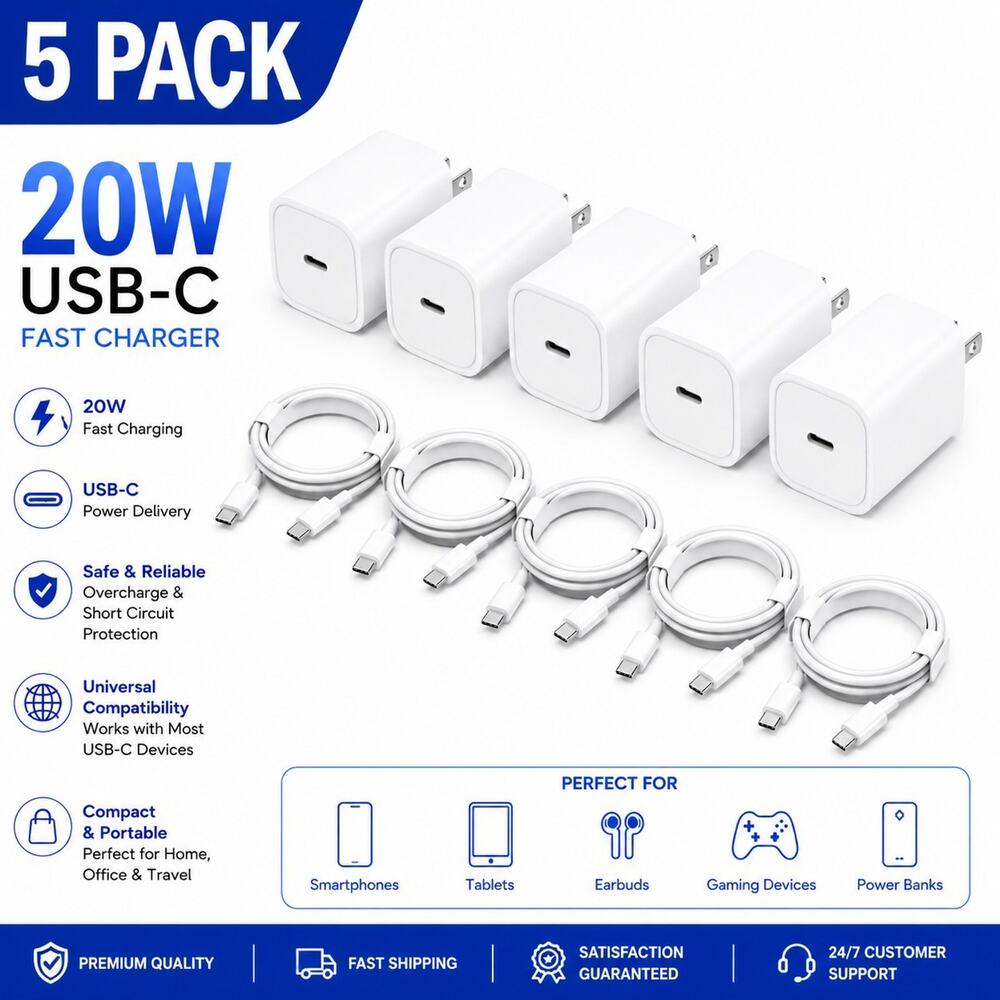 5PACK 20W USB-C Fast Charger Adapter PD 3.0 Adapter for iPhone Samsung Adapte3